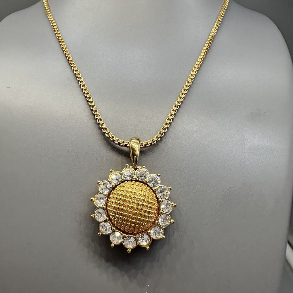 Nolan Miller Sunflower Pendant Necklace Rhinestone In Gold Tone 24”